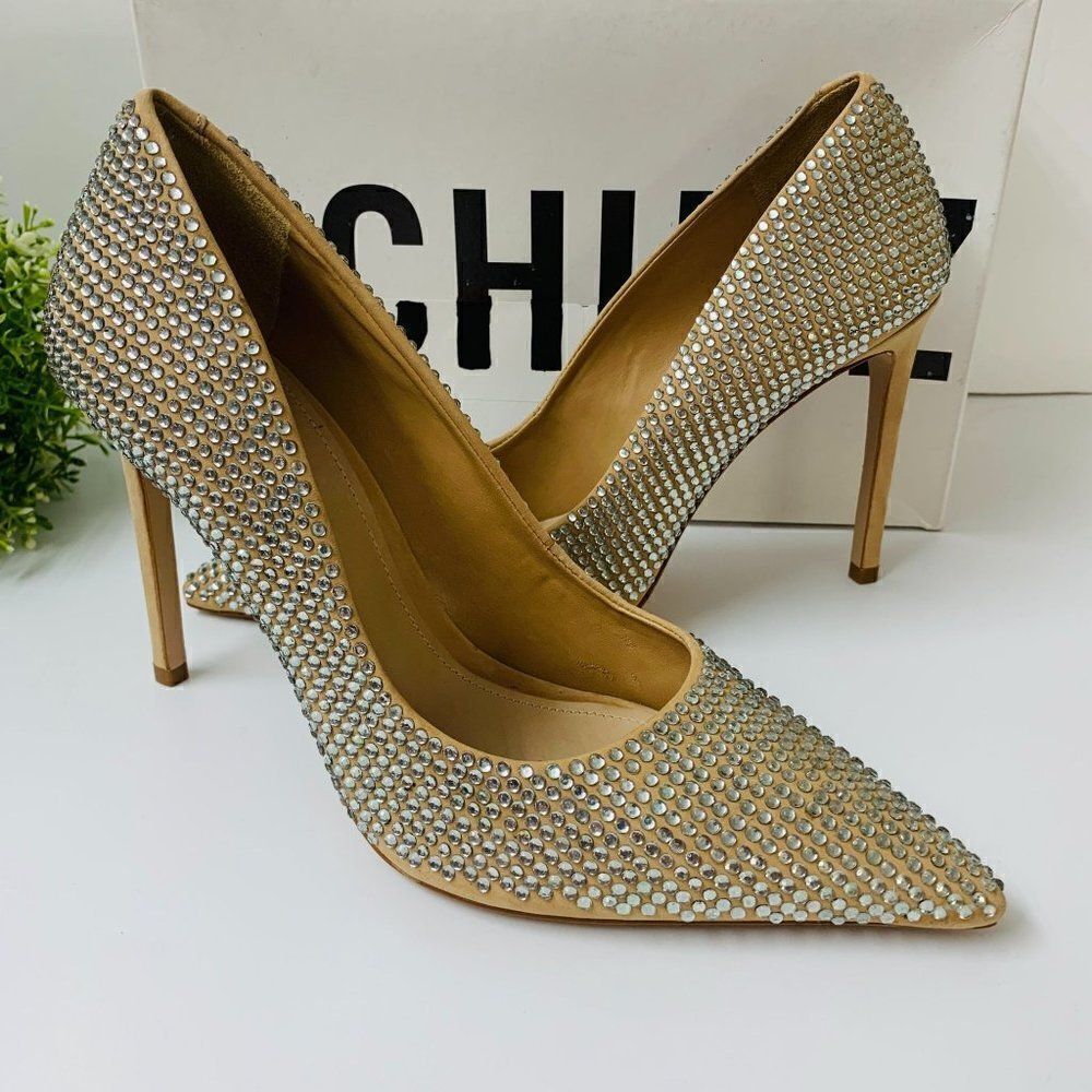 Schutz Fechado Salto Alto Lou Crystal Nubuck & Rhinestones Pump 6.5B Light Nude